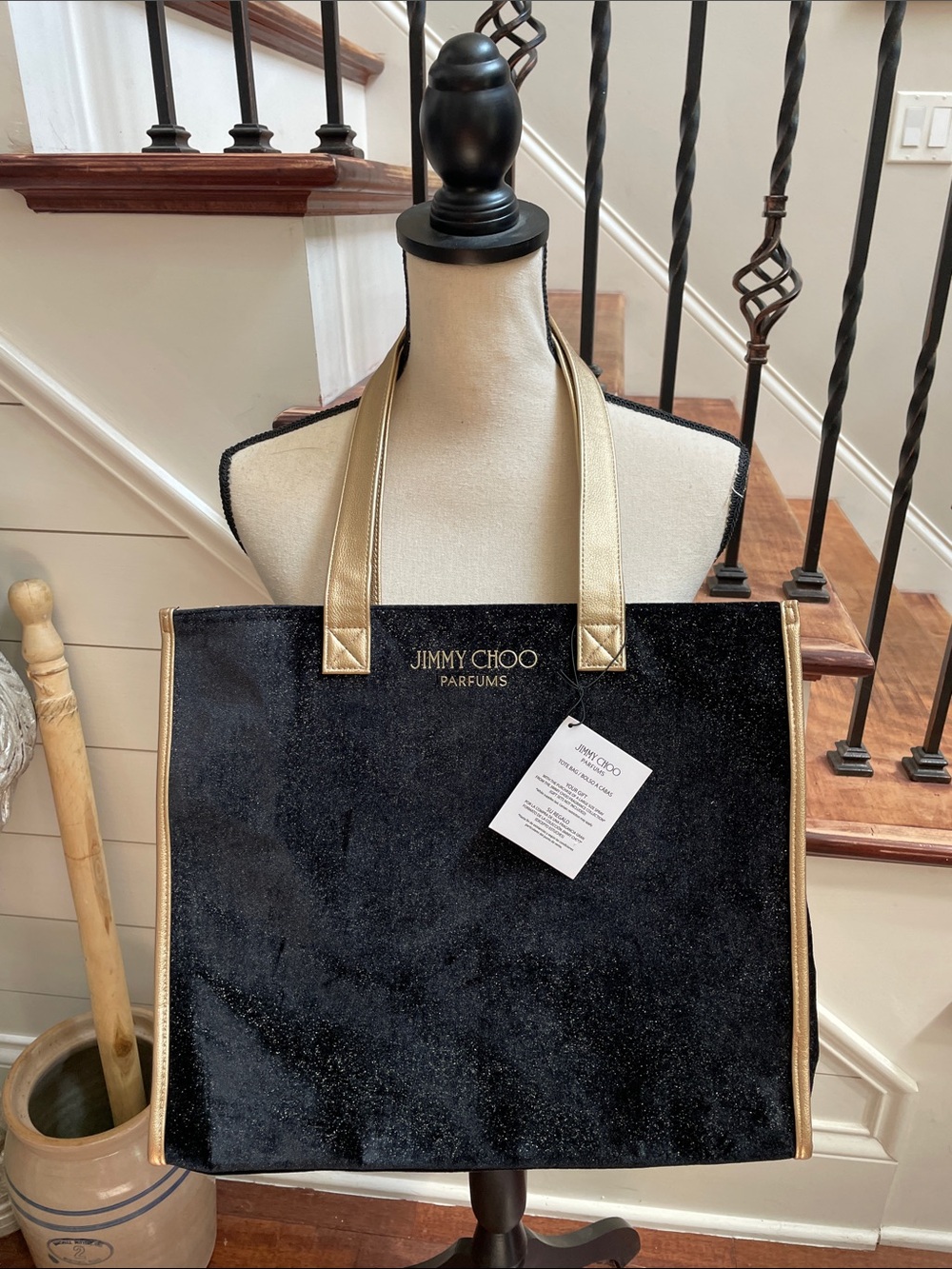 Jimmy Choo Black Velvet Tote with Gold Trim